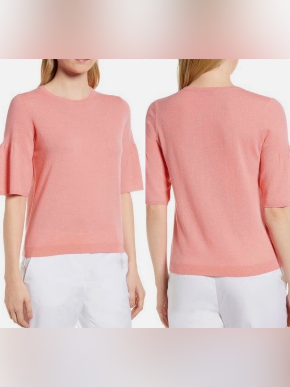 Nordstrom Signature Cashmere Flounce Sleeve Crewneck Sweater Coral Size Medium